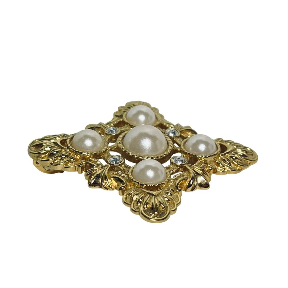 KJL for Avon Gold Tone, Faux Pearl And Clear Rhinestone Brooch/Pendant (6087) - Picture 6 of 10